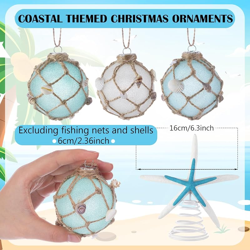 Coastal Christmas Tree Topper with 12 Glass Ornaments – Starfish & Seashell Beach Decor