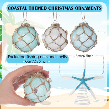 Coastal Christmas Tree Topper with 12 Glass Ornaments – Starfish & Seashell Beach Decor