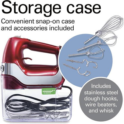 Hamilton Beach Professional 5-Speed Electric Hand Mixer - High-Performance DC Motor, Snap-On Storage Case, Red & Chrome