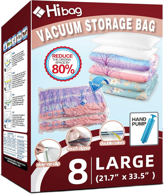 Space Saver - 8 Large Vacuum Storage Bags with Hand Pump for Home & Travel | Clear Design