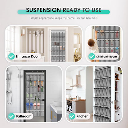 WVM Over The Door Shoe Organizer - 35 Breathable Mesh Pockets & 4 Metal Hooks - Large Grey Storage Solution