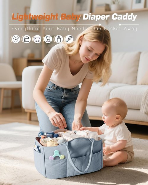 Marscamd Baby Diaper Caddy - Quilted Organizer with Detachable Dividers & Wipes Pocket | Dusty Blue, 8 Pockets