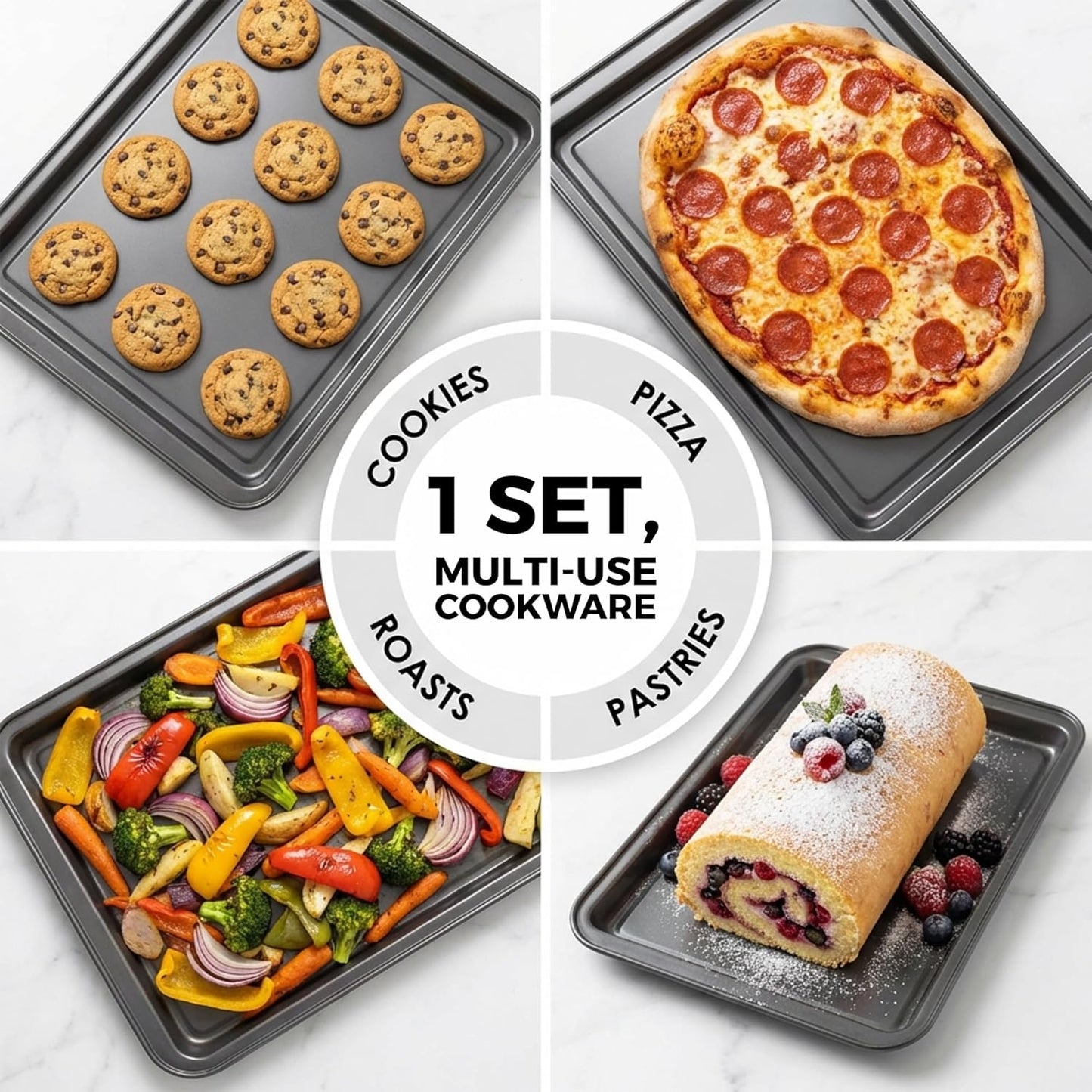 PERLLI Non-Stick Baking Pan Set | 3-Piece Carbon Steel with Even Heat Distribution, Oven Safe to 446°F, BPA-Free, Gray