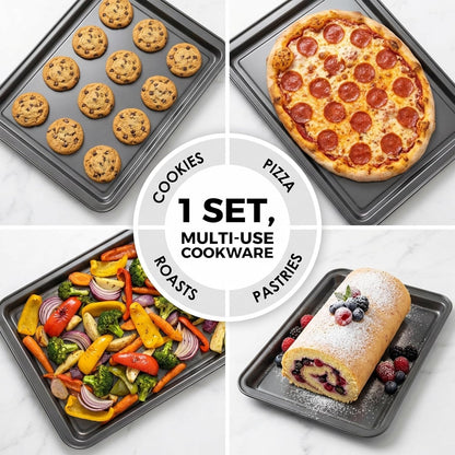 PERLLI Non-Stick Baking Pan Set | 3-Piece Carbon Steel with Even Heat Distribution, Oven Safe to 446°F, BPA-Free, Gray