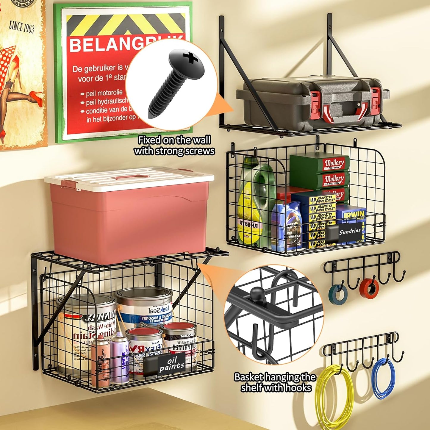 ThreeHio Garage Shelves - Heavy Duty Wall Mounted Storage with Wire Baskets & Hooks | 2 Pack