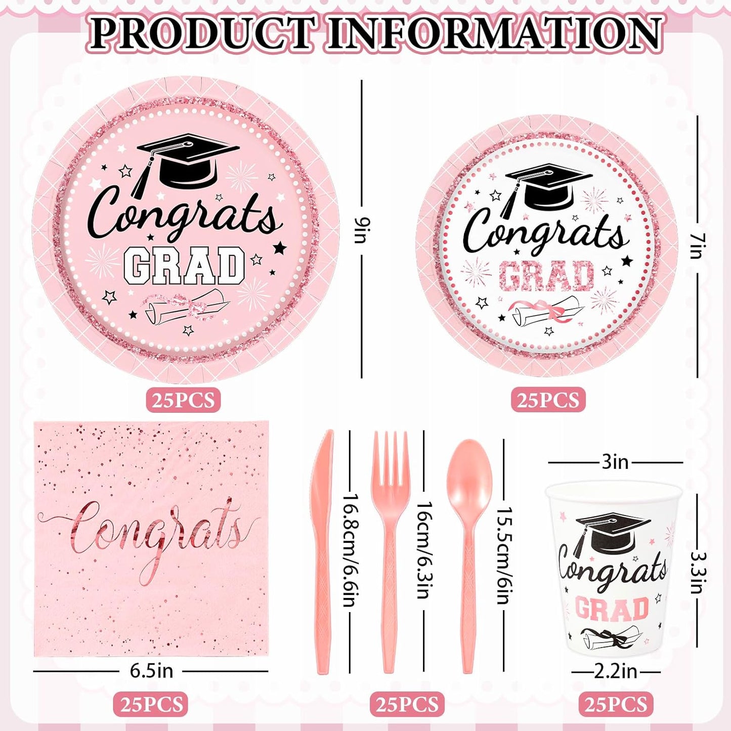 Whaline Graduation Party Supplies Set - 175 Pcs Pink Disposable Plates, Napkins, Cups & Cutlery for 25 Guests