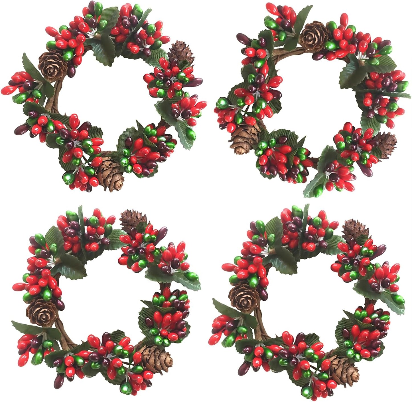 Skiennix Mini Christmas Candle Rings - Red Berry & Pinecone Wreaths for Tea Lights | Holiday Decor