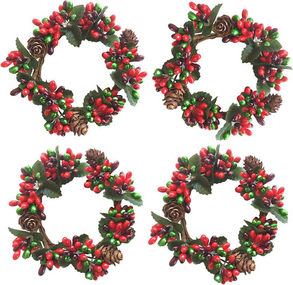 Skiennix Mini Christmas Candle Rings - Red Berry & Pinecone Wreaths for Tea Lights | Holiday Decor