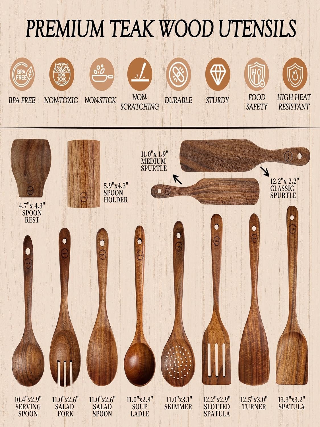 Skiennix 12-Piece Natural Teak Wood Utensil Set - Nonstick Cooking Spoons & Heat Resistant Tools