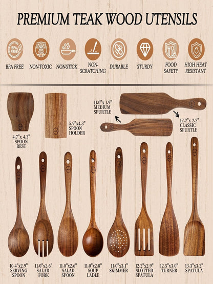 Skiennix 12-Piece Natural Teak Wood Utensil Set - Nonstick Cooking Spoons & Heat Resistant Tools