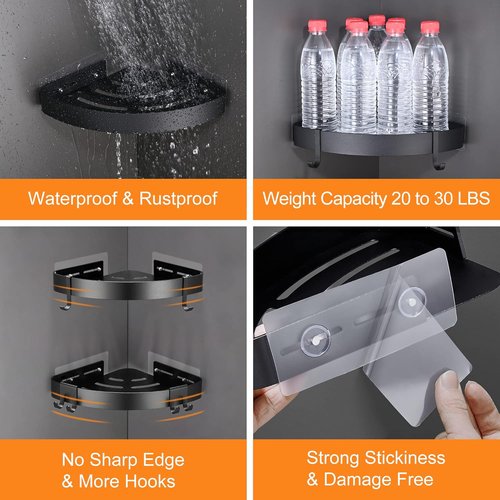 DUFU Adhesive Corner Shower Caddy - No Drill Rust Proof Aluminum Organizer | 2 Pack Black