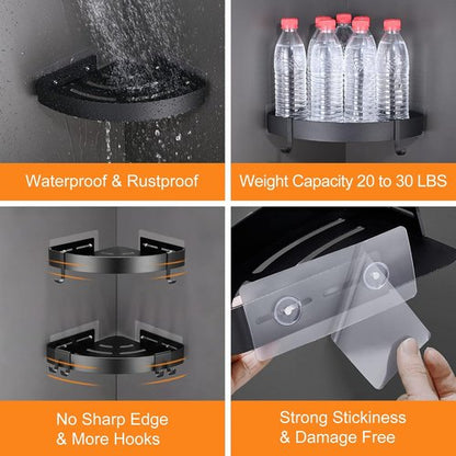 DUFU Adhesive Corner Shower Caddy - No Drill Rust Proof Aluminum Organizer | 2 Pack Black