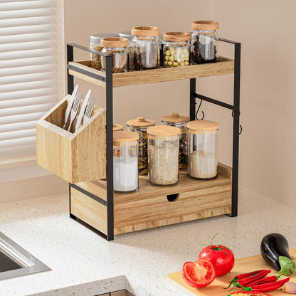 Skiennix 2-Tier Bathroom Counter Organizer - Wood Vanity Storage with Drawer & Basket
