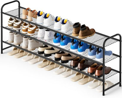 KEETDY 3-Tier Long Shoe Rack - Sturdy Metal Organizer for Entryway | Stackable Black Storage Shelf