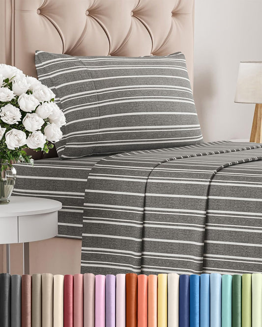 Skiennix Twin Size Sheet Set - Comfy Cooling Bed Sheets - Luxury Hotel Quality - Deep Pockets, Grey Stripes