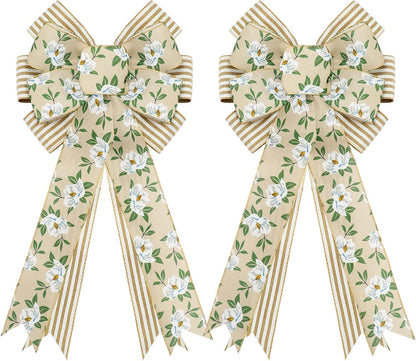 Whaline Spring Magnolia Wreath - Rustic Wired Edge Bow | Large 11 x 21 Inch Floral Decor for Home & Parties