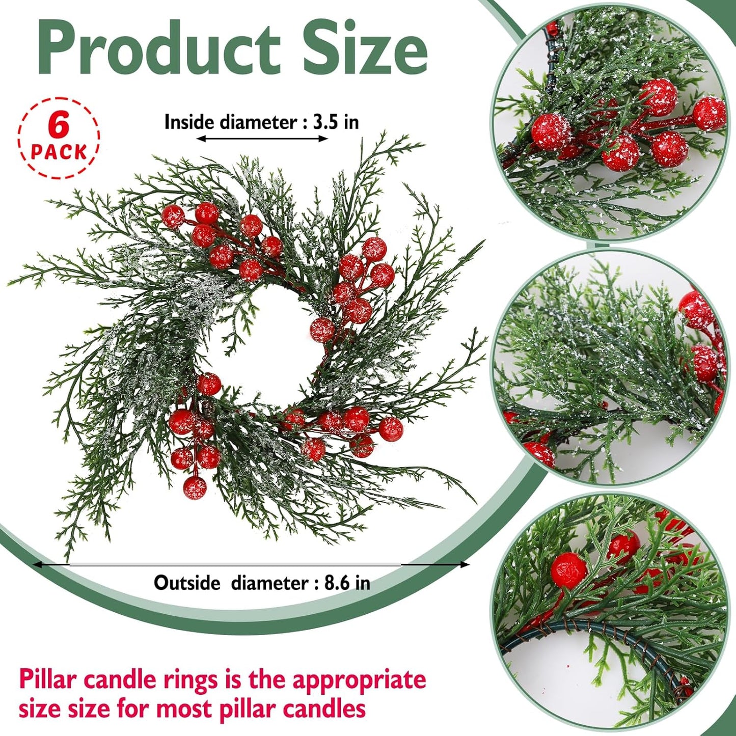 Regine Switzerland Christmas Candle Rings - 6 Pcs Artificial Wreaths with Red Berries & Snowy Pine for Festive Table Centerpieces