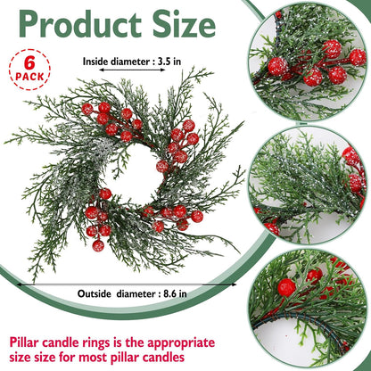 Regine Switzerland Christmas Candle Rings - 6 Pcs Artificial Wreaths with Red Berries & Snowy Pine for Festive Table Centerpieces