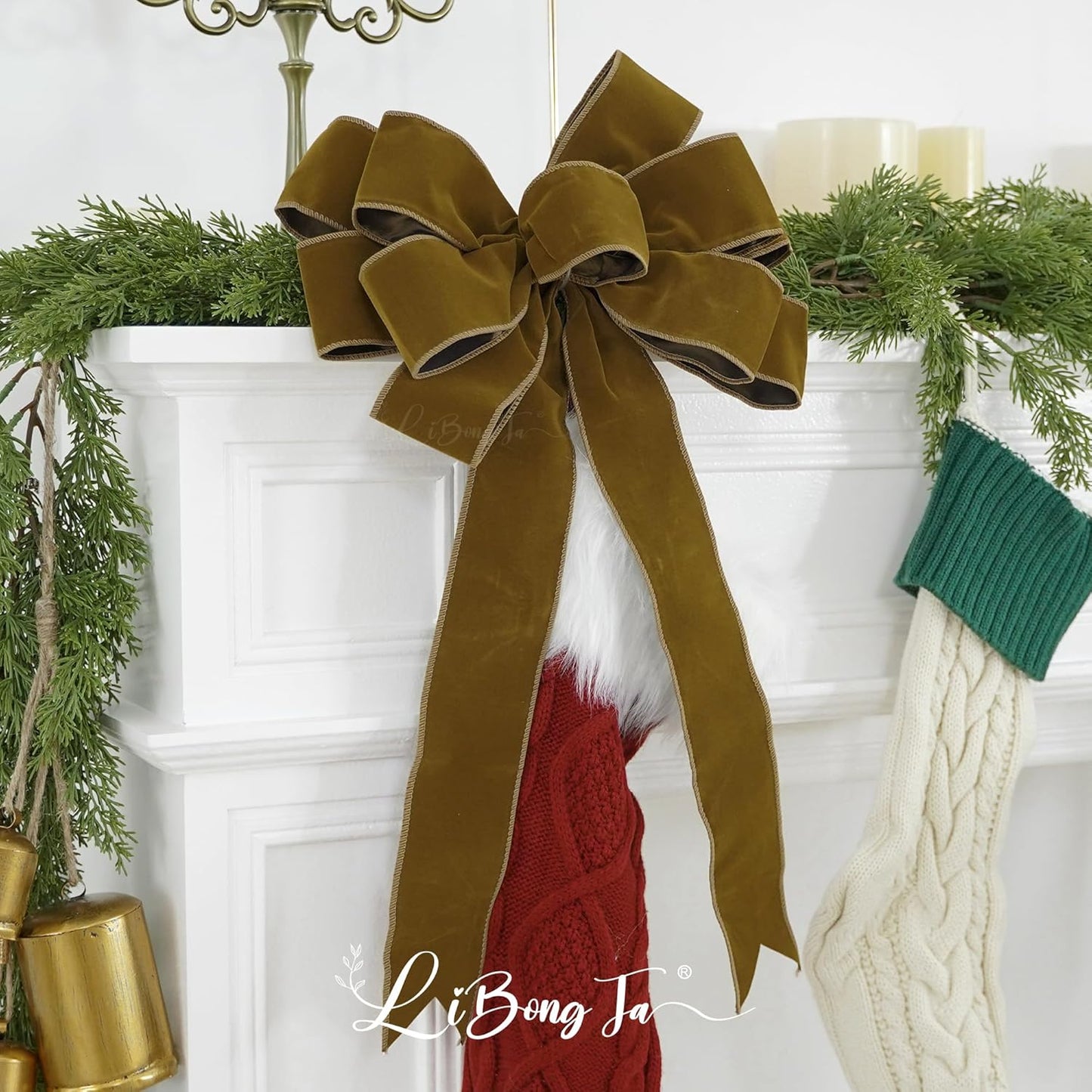 Regine Switzerland 13" Khaki Pre-Tied Velvet Bow - Rustic Wreath & Christmas Tree Decor, Perfect for Weddings & Parties
