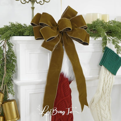 Regine Switzerland 13" Khaki Pre-Tied Velvet Bow - Rustic Wreath & Christmas Tree Decor, Perfect for Weddings & Parties