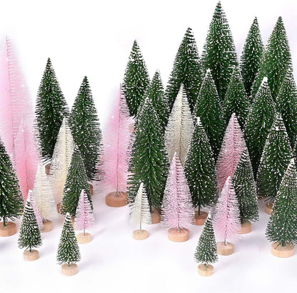 Skiennix 30Pcs Mini Christmas Trees - Artificial Bottle Brush Trees with Wooden Base | Festive Home Decor
