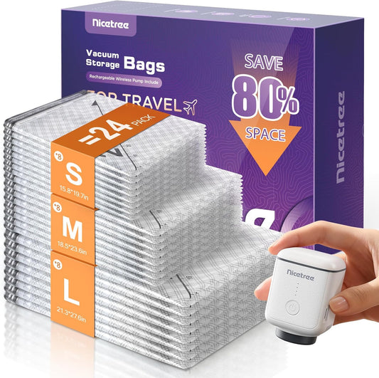 Nicetree Vacuum Storage Bags - 24-Pack with Rechargeable Wireless Pump | 3 Sizes (20/24/28 Inch) for Clothing & Bedding Storage