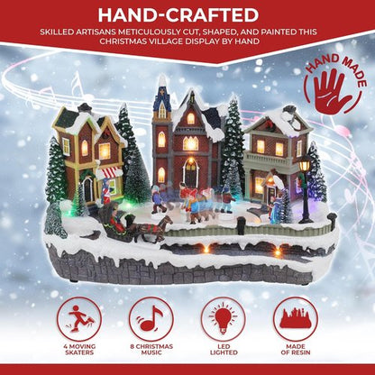 Large Animated Christmas Village Skating Town - Lighted Musical Snow Scene with 4 Moving Skaters
