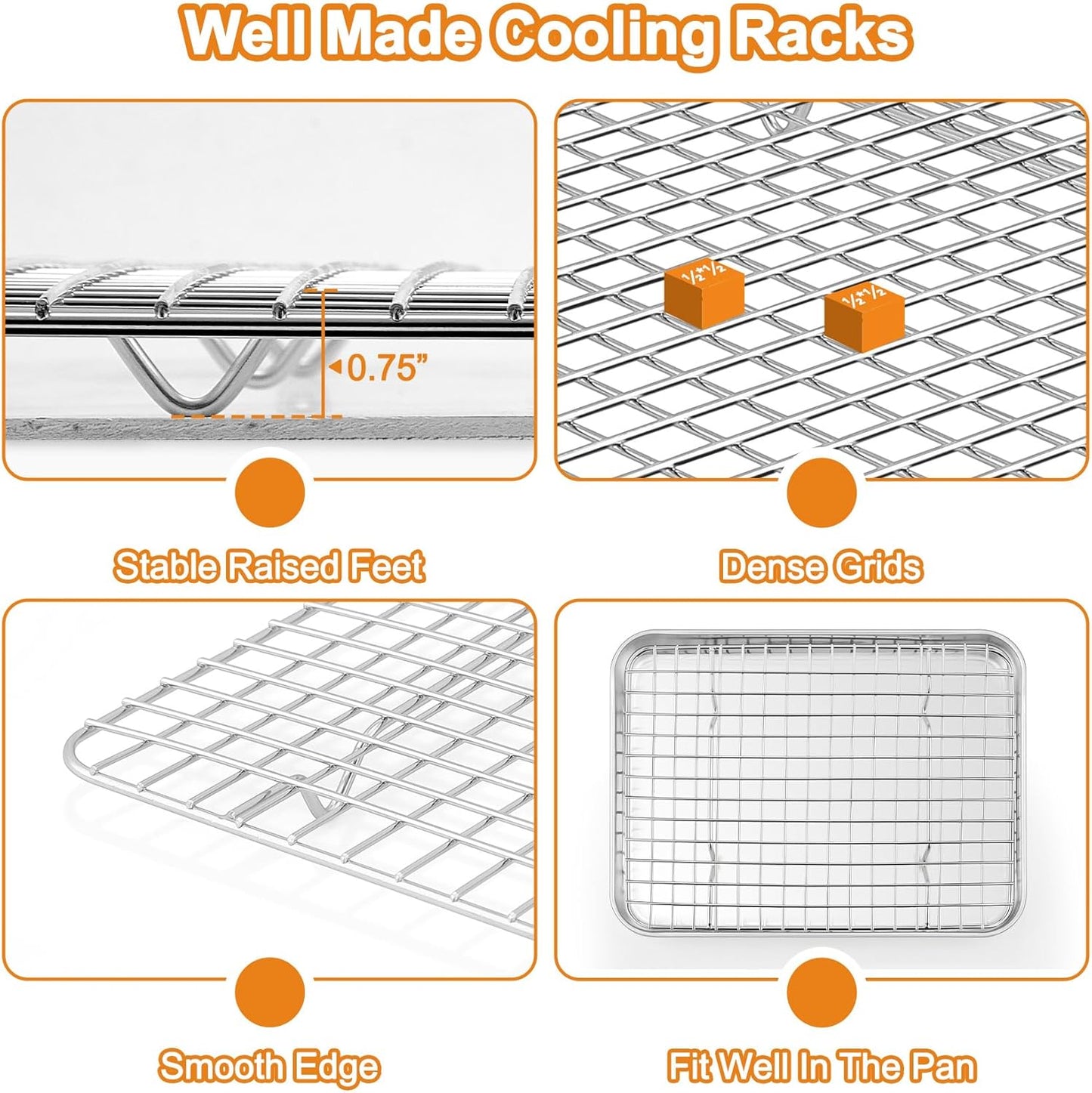 TeamFar Stainless Steel Baking Sheet Set - Heavy Duty Non-Toxic Cookie Pans & Cooling Racks | 6 PCS (3 Pans + 3 Racks)