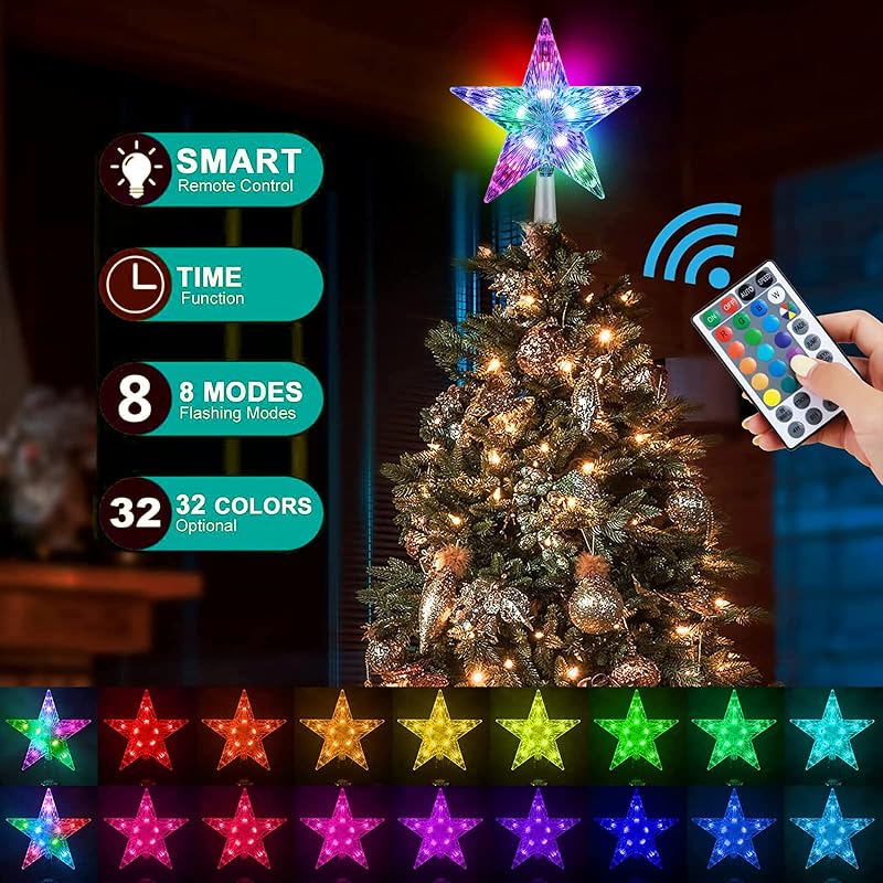 Christmas Star Tree Topper 9.5in 17 Colors with 4 Speed Modes & Remote (3AA Battery Powered) - IP44 Indoor/Outdoor