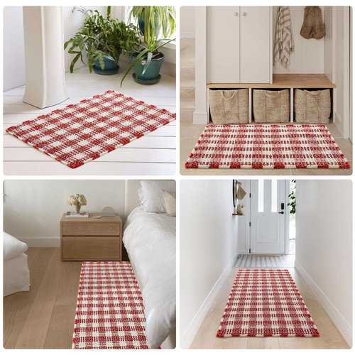TYUU Waffle Bath Mat, Boho Christmas Bathroom Rugs Non Slip Washable Absorbent Checkered Bathroom Mat Quick Dry Cute Bath Mat, 24"x16" Red and White