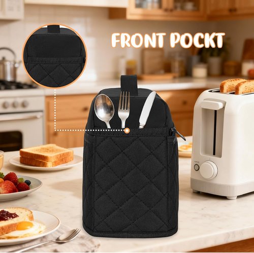 Bella Cute Slim Toaster Dust Cover - Quilted Black with Pockets & Elastic Band for 2-Slice Toaster