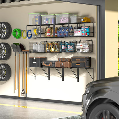 ThreeHio Garage Shelf - Heavy Duty Wall Mounted Storage with Wire Baskets & Tool Rack | Organizer for Home & Garden