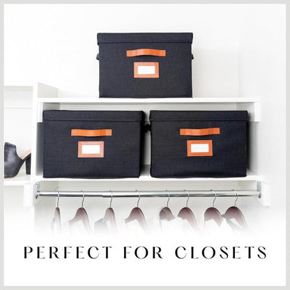 Large Fabric Storage Boxes by [Brand Name] - Decorative Bins with Lids & Faux Leather Handles | 3 Pack, Black (15.75" x 11.25" x 11.25")