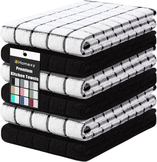 Homaxy Premium Cotton Kitchen Towels - Super Absorbent 390 GSM Dish Towels | 16"x28", Black Check, 6 Pack