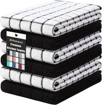 Homaxy Premium Cotton Kitchen Towels - Super Absorbent 390 GSM Dish Towels | 16"x28", Black Check, 6 Pack
