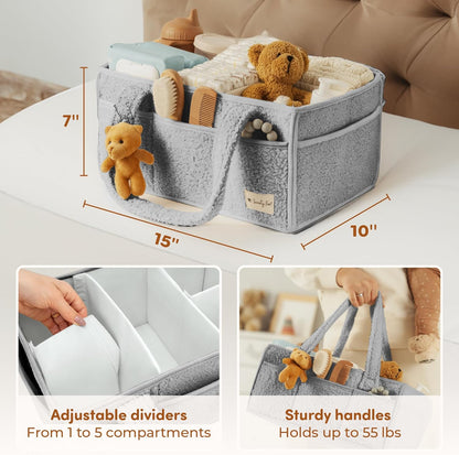 Sweety Fox Baby Diaper Caddy Organizer - Portable Sherpa Nursery Basket in Grey | Perfect for Baby Showers