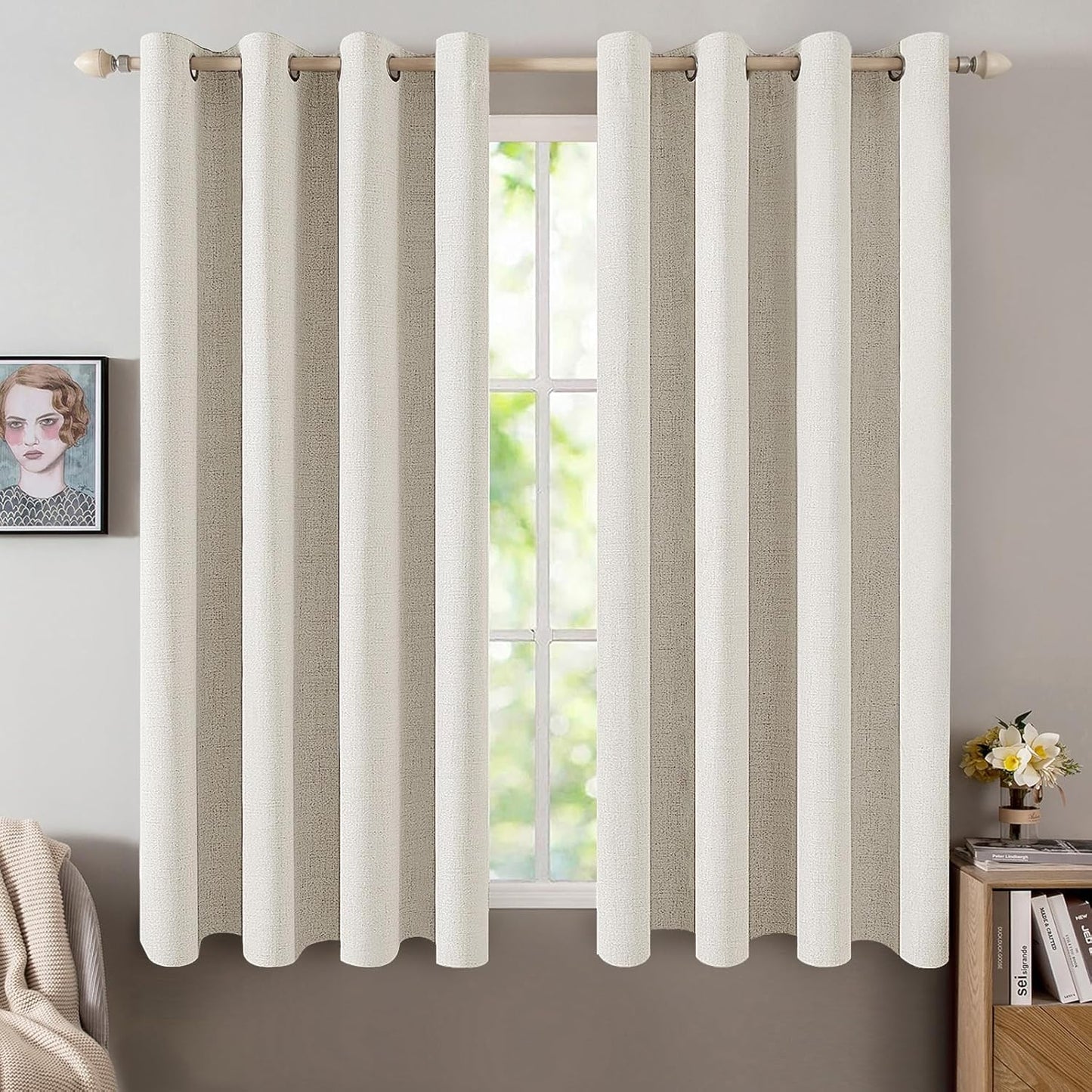 MIULEE Linen Texture Curtains - 100% Blackout Thermal Insulated Drapes | Beige, 52x63 Inch (2 Panels)