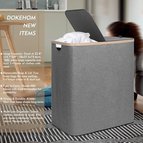 DOKEHOM Double Laundry Basket - 160L Collapsible Hamper with Removable Lid & Bags | Dark Grey