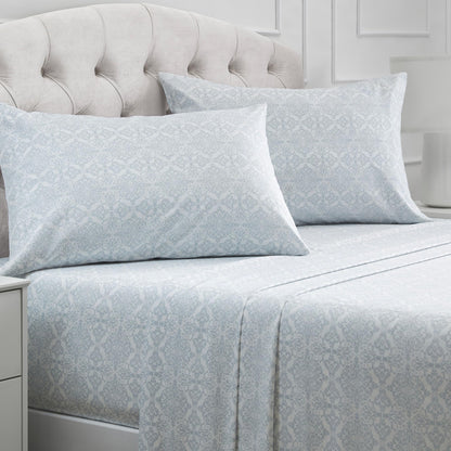 Mellanni California King Sheets Set - 4 PC Iconic Collection Bedding - Hotel Luxury, Extra Soft, Cooling Bed Sheets - Wrinkle, Fade, Stain Resistant (Cal King, Laced Sky Blue)