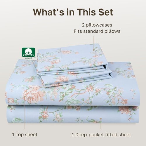 California Design Den Bed Sheets Set - Soft Cotton, 400 TC, Award-Winning Sateen Finish, Deep Pockets | Floral Blue/Pink Full Size