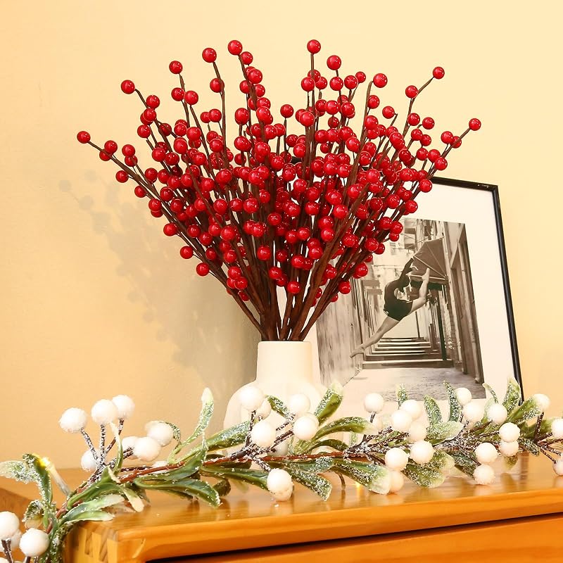 Variation - Breeze Touch 20 Pack Artificial Red Berry Stems 17.7in Faux Holly Berries for Christmas Tree Decor