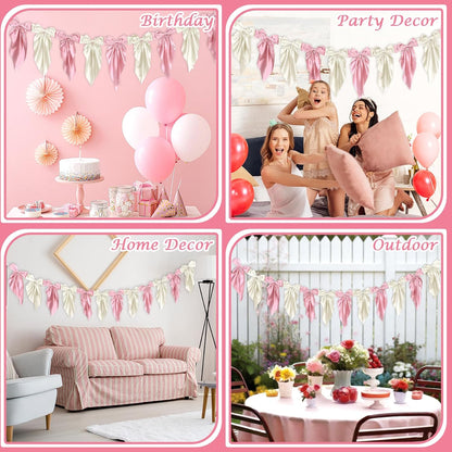 Skiennix White Pink Bow Garland Banner - Elegant Satin Ribbon Decor for Bridal Showers & Parties | 6ft