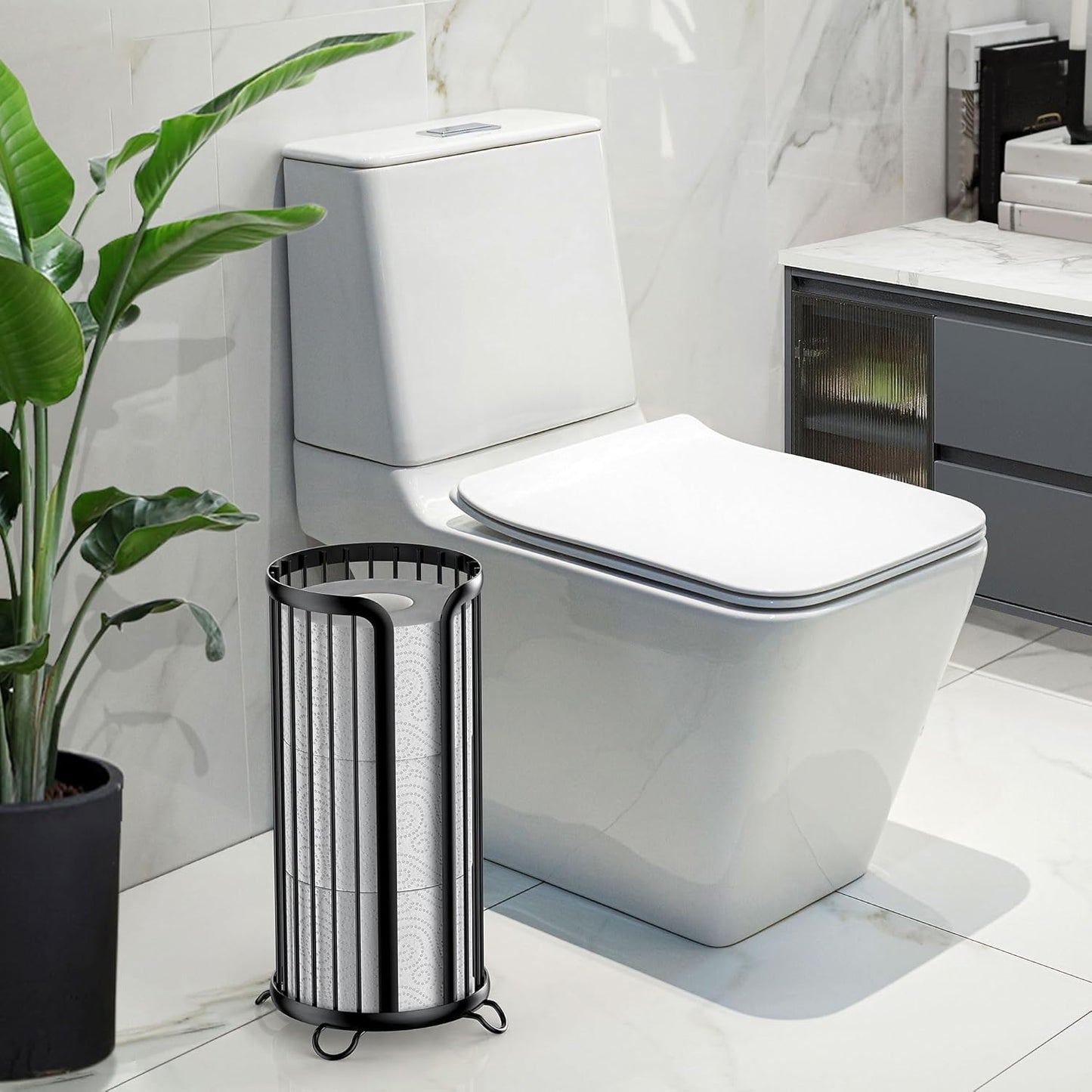 Modern Black Toilet Paper Holder Stand | Freestanding Tissue Organizer for Mega Rolls