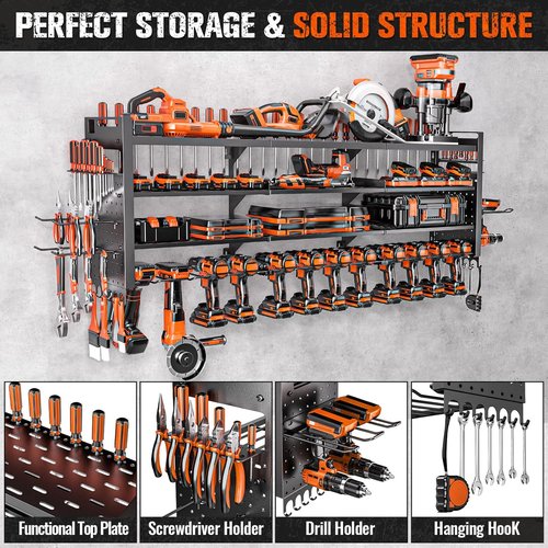 Heavy Duty Tool Organizer by 49.8" W - Wall Mount with 14 Cordless Drill Holders | 4-Layer Garage Storage Rack in Black
