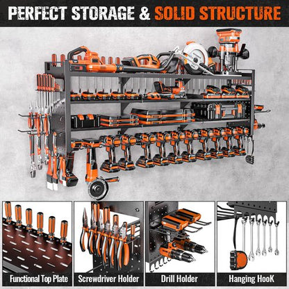 Heavy Duty Tool Organizer by 49.8" W - Wall Mount with 14 Cordless Drill Holders | 4-Layer Garage Storage Rack in Black