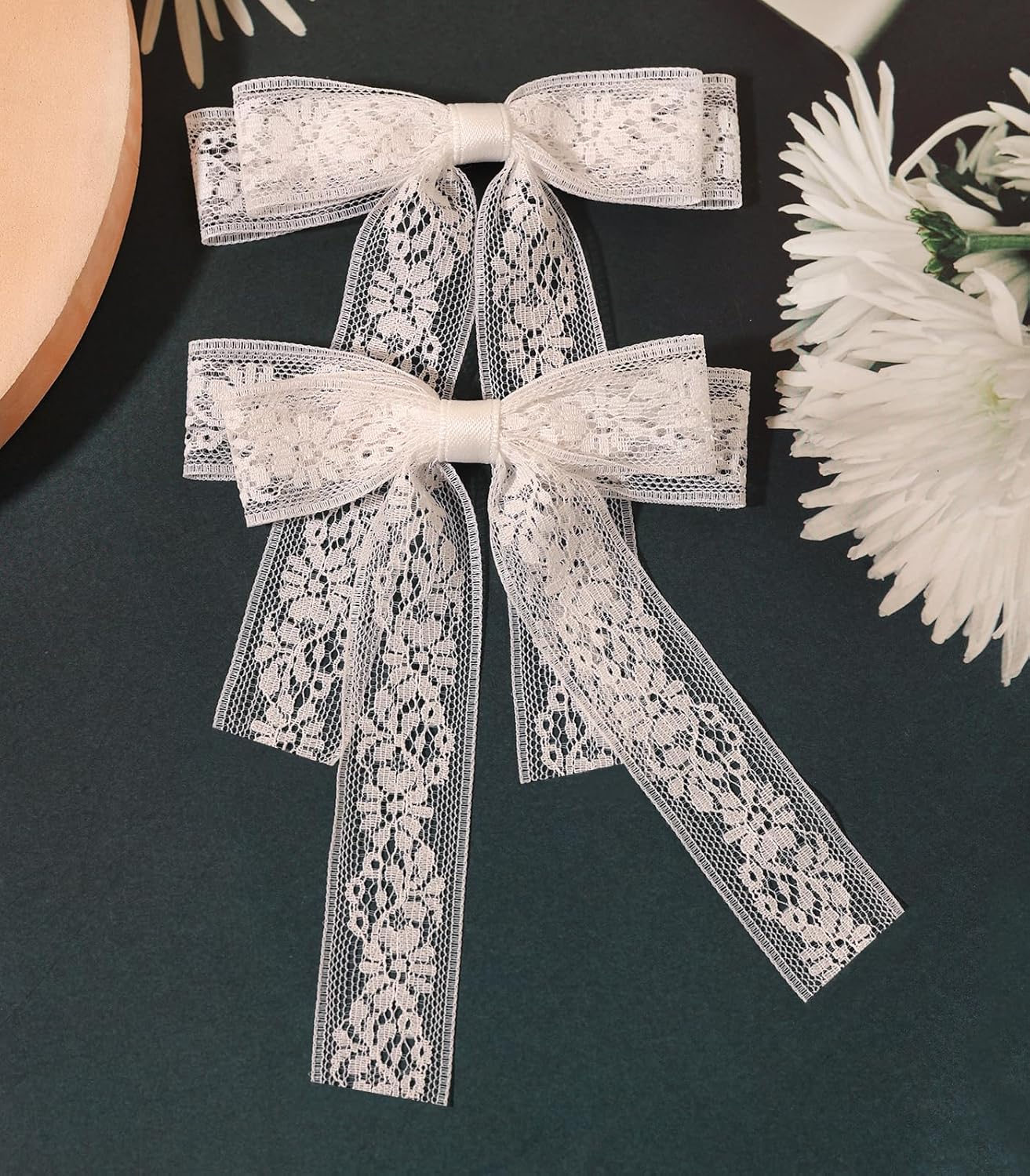 Skiennix White Lace Tulle Hair Bows - Elegant Long Tail Ribbons & Tassel Barrettes for Women