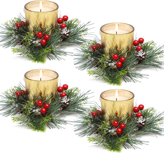 Regine Switzerland Christmas Candle Ring - 4 Pcs Votive Candles with Red Berry & Pinecone | Festive Table Centerpiece Decor