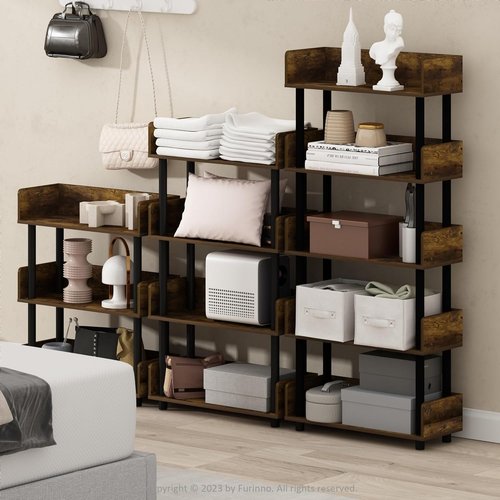 Furinno 4-Tier Toolless Display Rack - Stylish Amber Pine & Black Finish for Easy Organization