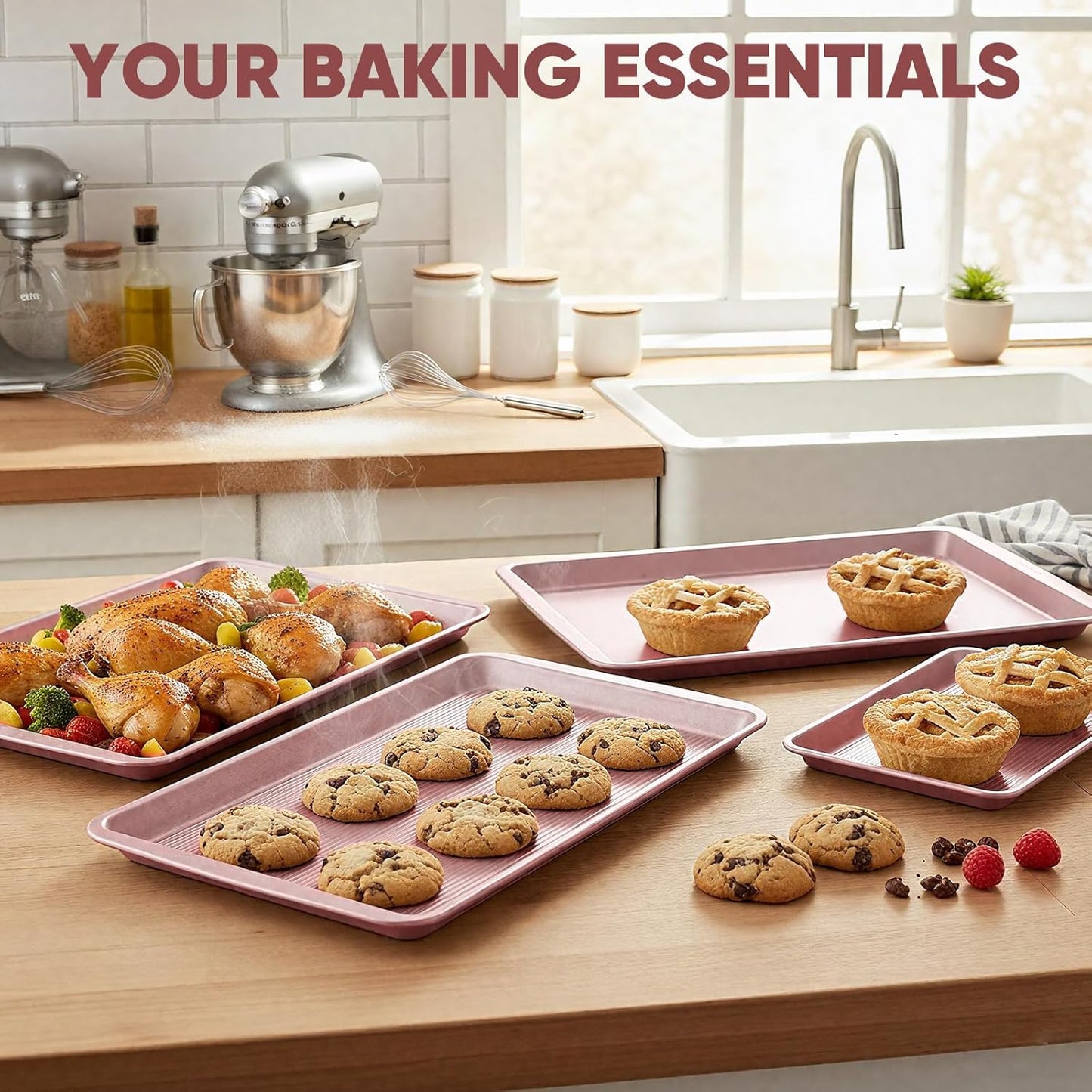 Sakerplus Nonstick Baking Sheet Pan Set - Heavy Duty Cookie Sheets, Rust-Resistant & Easy Clean | 3 Sizes in Pink