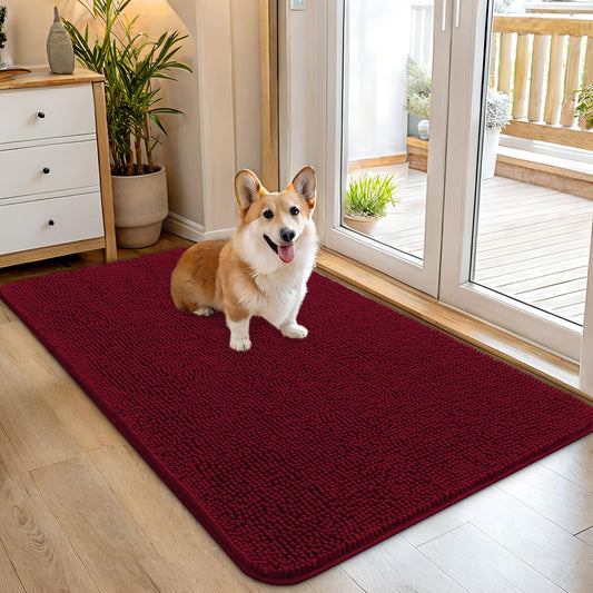 OLANLY Dog Door Mat for Muddy Paws 45x27, Absorbs Moisture and Dirt, Absorbent Non-Slip Washable Doormat, Quick Dry Chenille Mud Mat for Dogs, Entry Indoor Entryway Carpet for Inside Floor, Burgundy